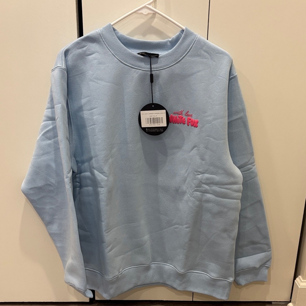 NWT Blue w/ Pink White Fox With Love and Romance Crewneck